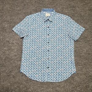 Construct Slim Fit 4 Way Stretch Mens L Blue All Over Fish Print Button Down SS